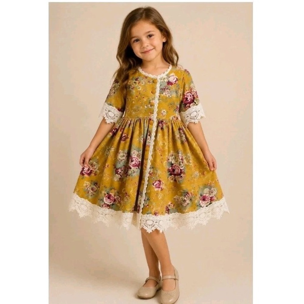 Trish Scully Girls 12 Mustard Floral Lace Trim Lined‎ Dress Cottagecore Prairie